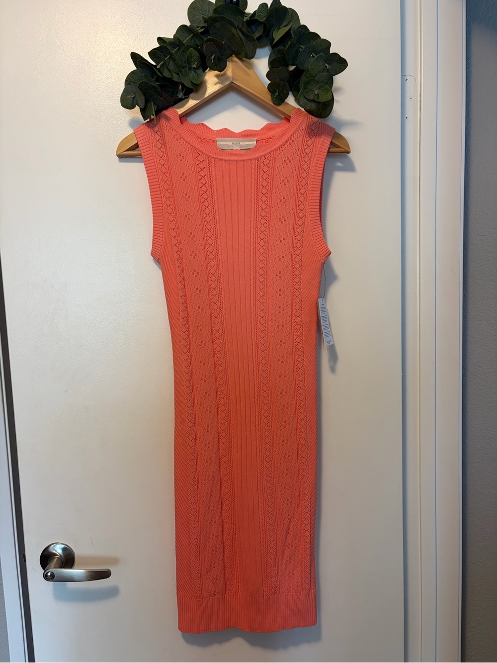 Guess Sleeveless Coral-Orange Knit Midi Dress